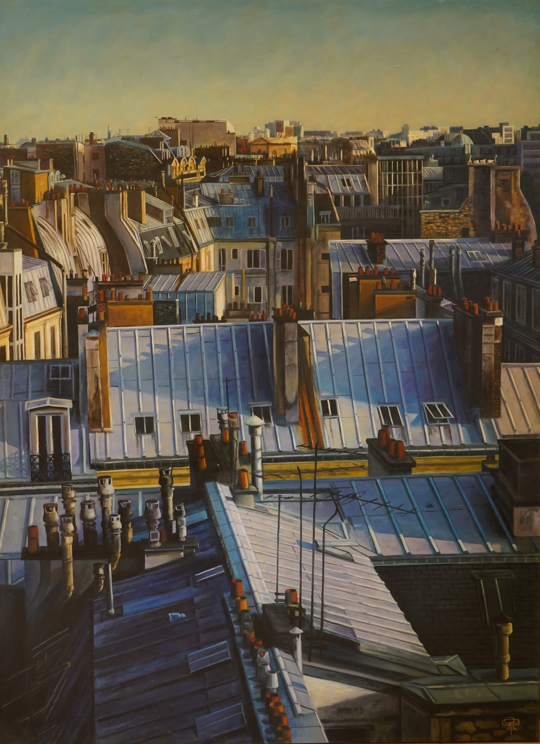 After Rowland Renaud (contemporary), 'View from above', large oil on canvas, unframed, 150 x 110cm